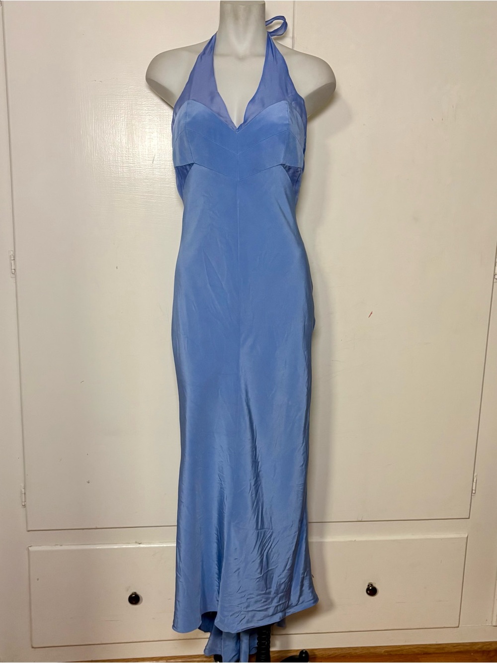 Vintage 90s Reva Mivasagar Blue Silk Halter Formal Prom Dress Gown